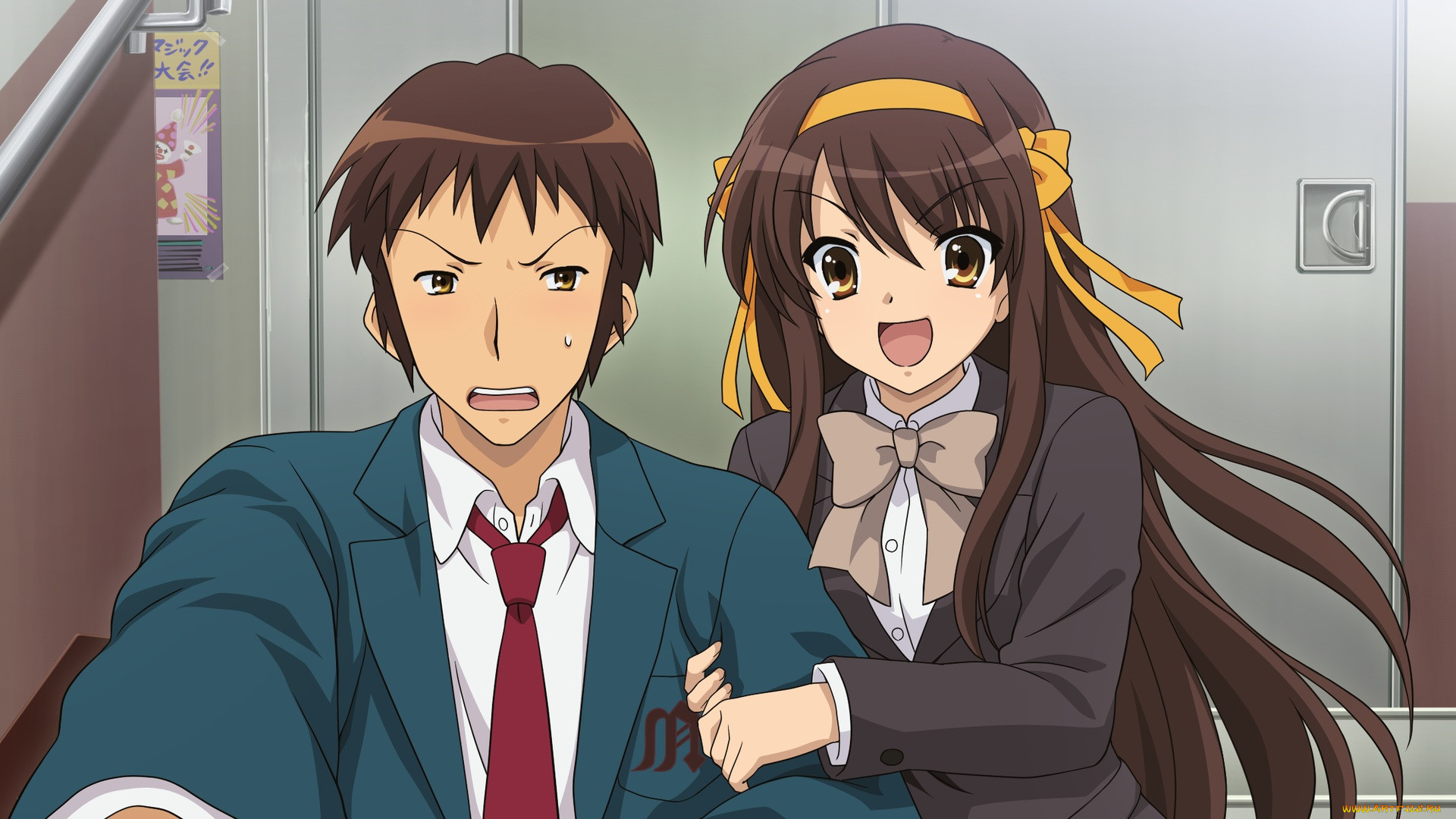 Обои Аниме The Melancholy of Haruhi Suzumiya, обои для рабочего стола,  фотографии аниме, the melancholy of haruhi suzumiya, kyon, suzumiya,  haruhi, парень, девушка, радость Обои для рабочего стола, скачать обои  картинки заставки